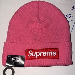Supreme Pink Knit Hat with Red Logo